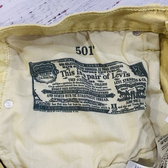 Levi’s 501 Yellow Jeans W32x26 Raw Hem Distressed Straight Y2K Color Denim - Picture 8 of 9